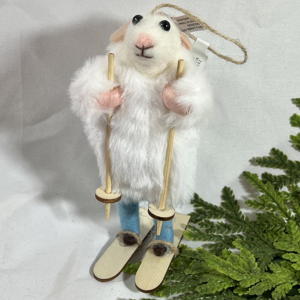 West Elm Felt Mouse Skier Christmas Ornament Furry White Coat Skiing Ski